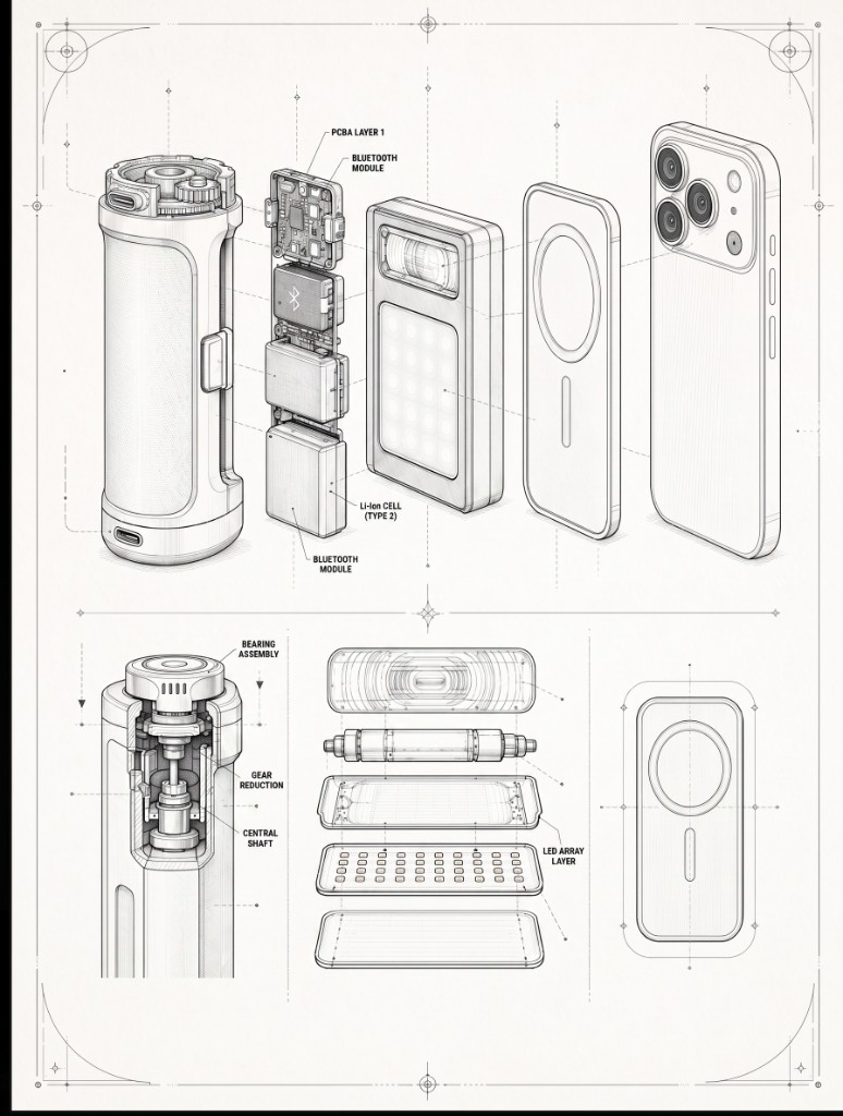 Exploded schematic of Lumos MagSafe flash grip, LED array, and phone mount