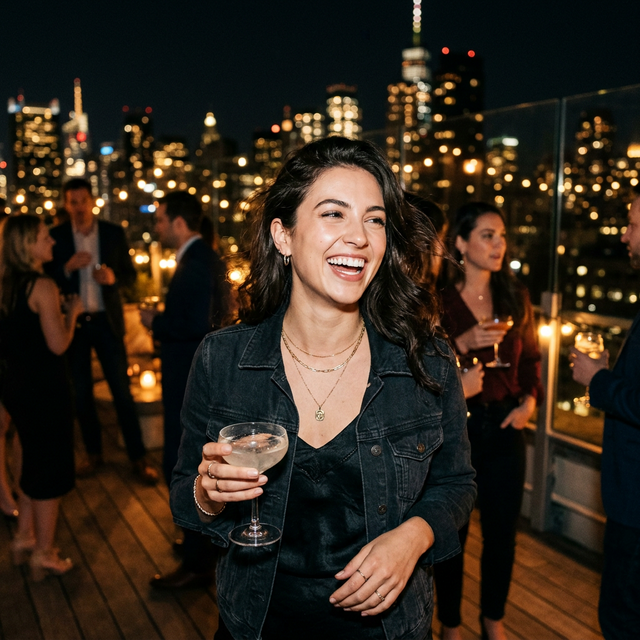 Rooftop portrait with soft flash and city skyline bokeh