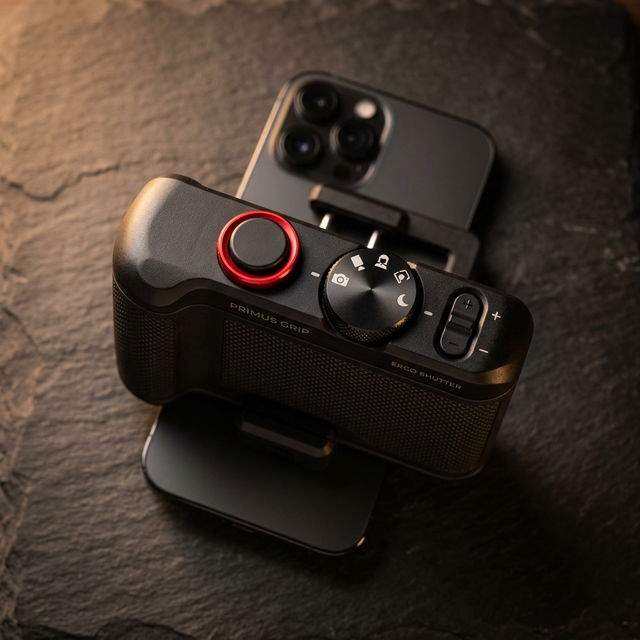 Top-down view of the Lumos grip showing shutter button, mode dial, and zoom controls