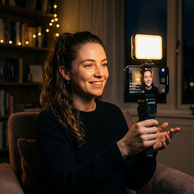 Content creator using the Lumos LED fill panel for video recording