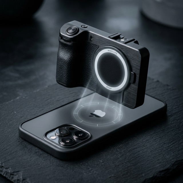 Lumos grip magnetically snapping onto an iPhone via MagSafe