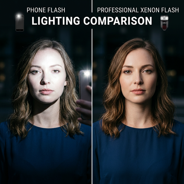 Side-by-side comparison: harsh phone flash versus soft Lumos flash on the same subject